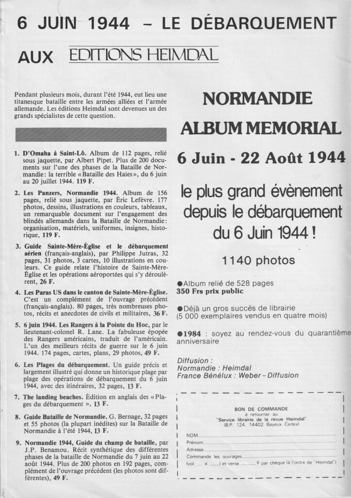 Catalogue des tous premiers titres sur la bataille de Normandie parus chez Heimdal en 1983 (extrait de 39/45 Magazine n°1)